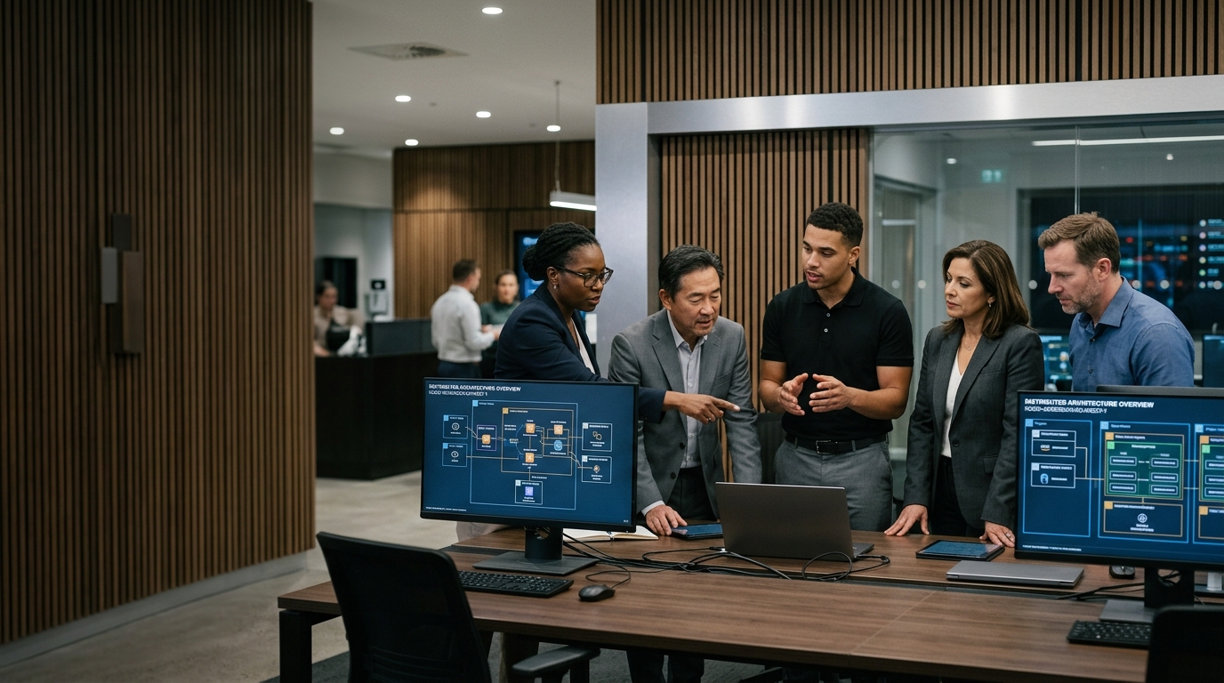 Neuroxie senior software engineers reviewing cloud system architecture